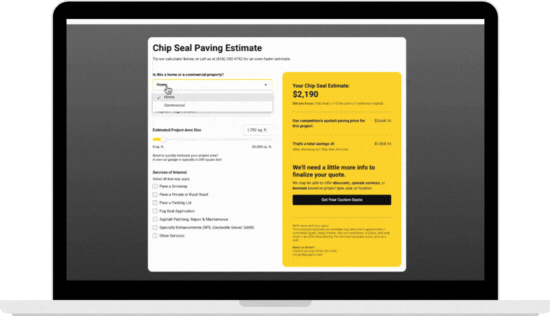 Chip Seal Paving online estimate calculator showing project cost and savings compared to asphalt.